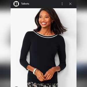 Talbots black and white striped 3/4 sleeve pullover sweater